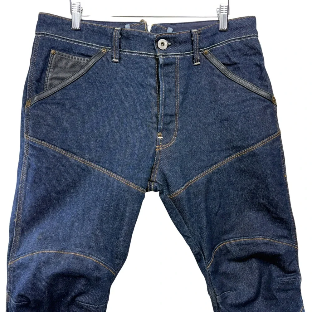 G Star Raw 30 Y Jeans Dark Wash Moto Double Knee Leather Trim Men's Size‎ 32x28